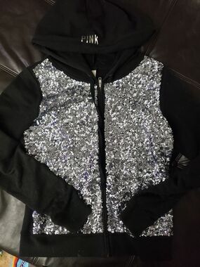 PINK- RARE-Victoria's Secret Black Sequin Zip Hoodie Jacket